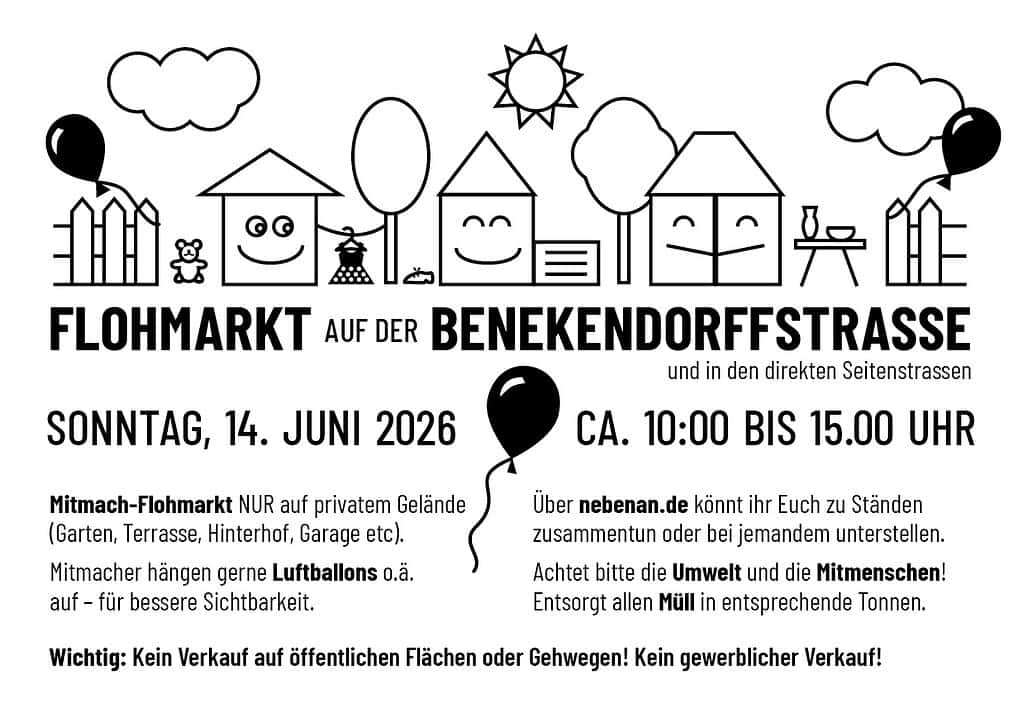 Flohmarkt am 14. Juni 2026 in der Benekendorfstraße.