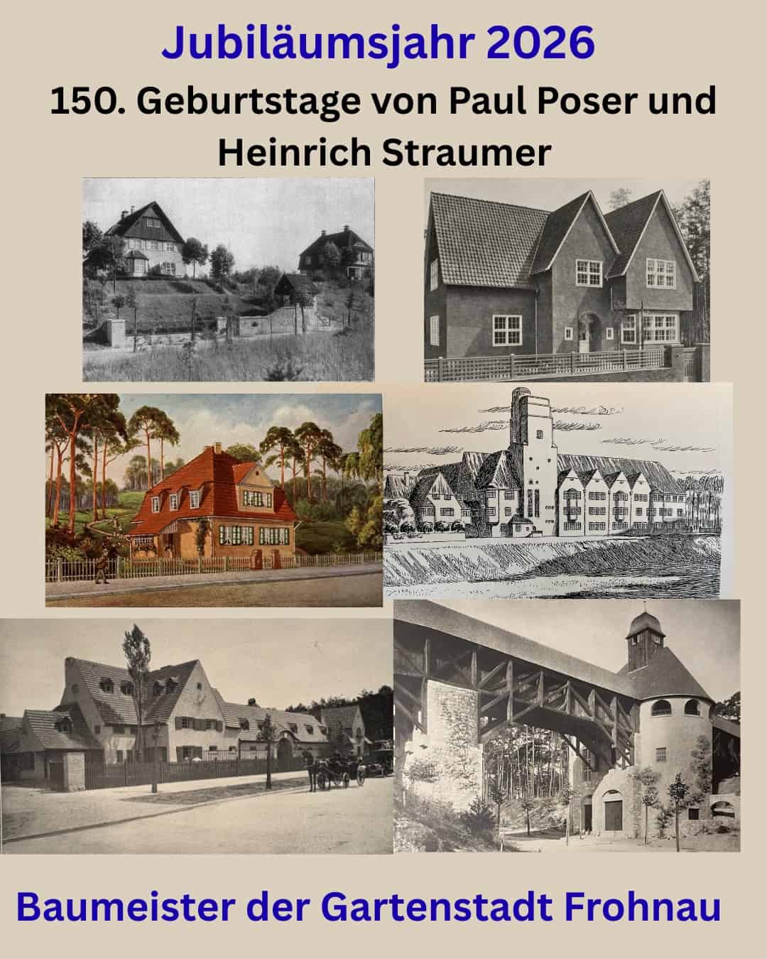 Collage historischer Aufnahmen von Bauwerken der Architekten Heinrich Straumer und Paul Poser in der Gartenstadt Frohnau.