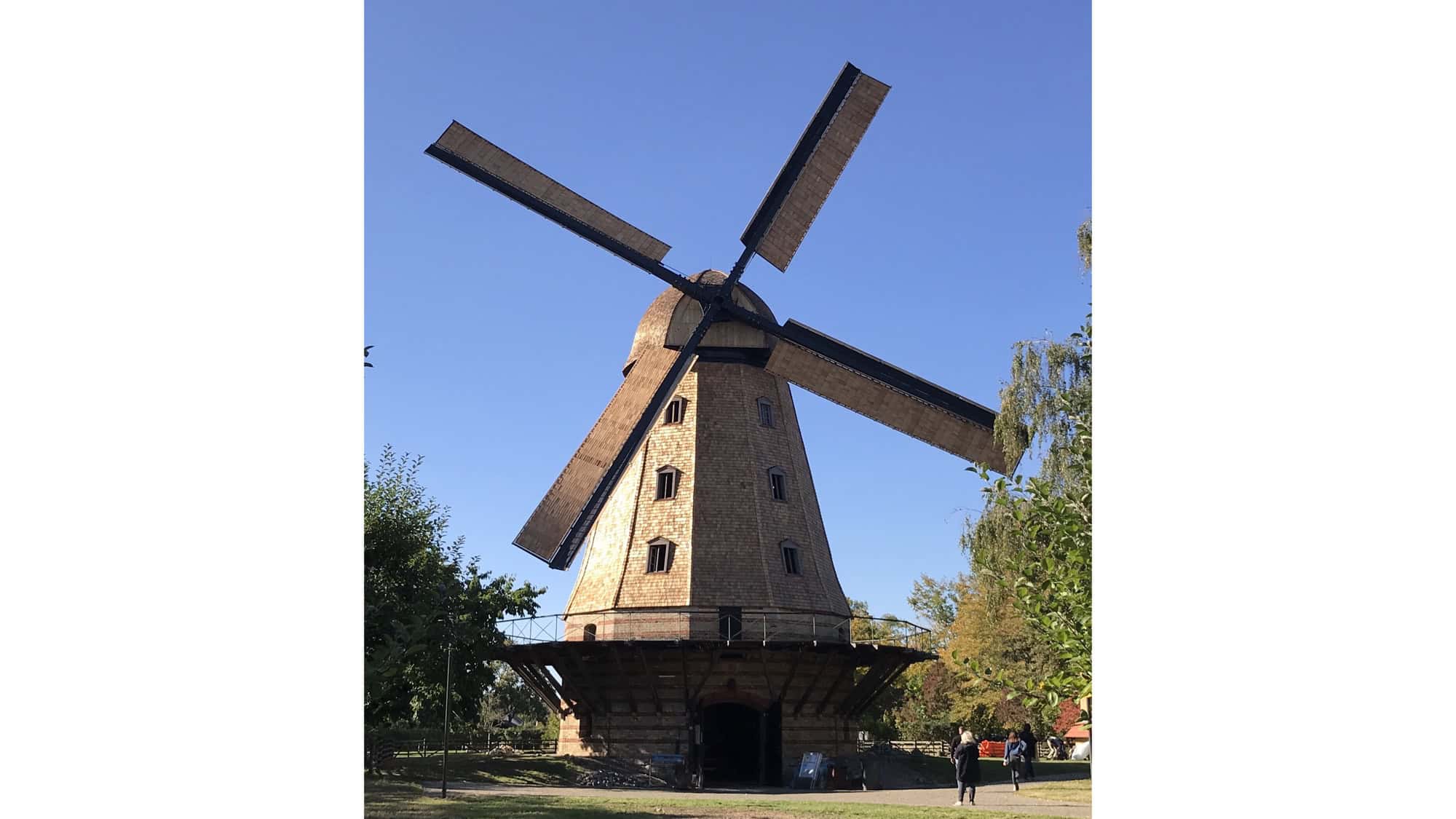 Die hölzerne Britzer Mühle steht auf einer grünen Wiese.