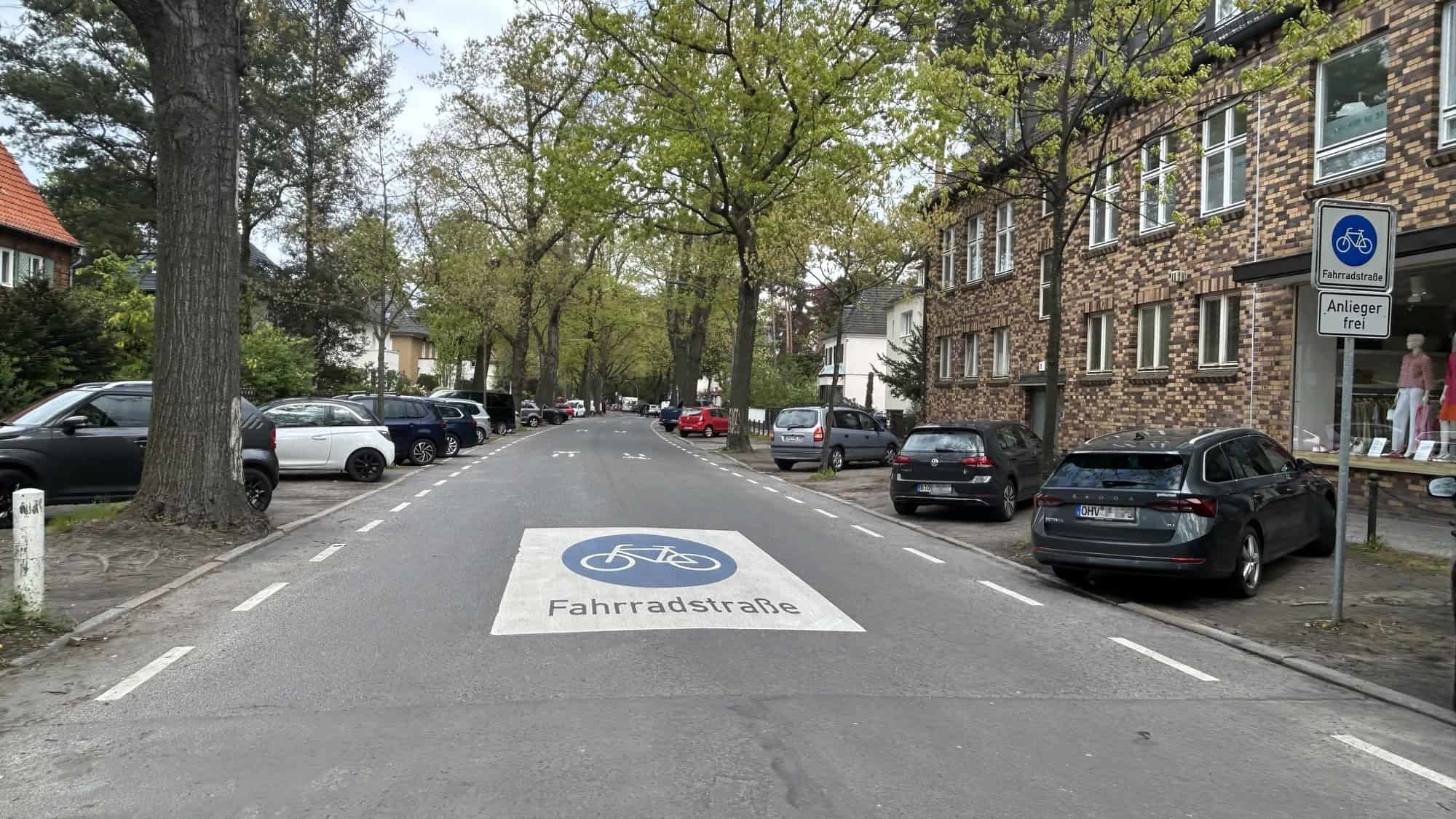 Blick in den Edelhofdamm mit der weißen Fahrbahnmarkierung „Fahrradstraße“, parkenden Autos am Rand und alten Bäumen