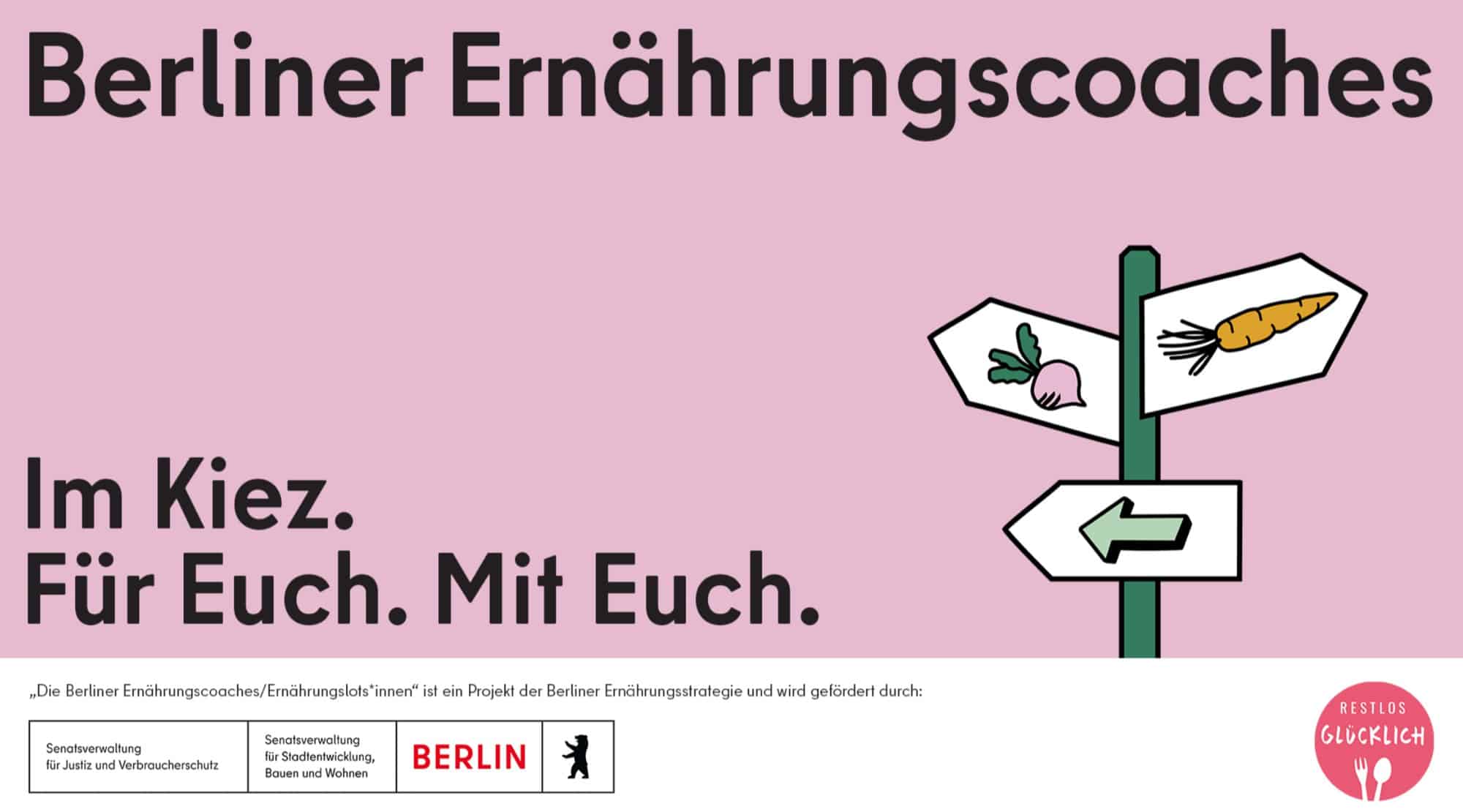 Das Key-Visual der Berliner Ernährungscoaches. Ein Wegweiser mit Möhre, Radieschen und einem Pfeil auf einem altrosa Hintergrund.