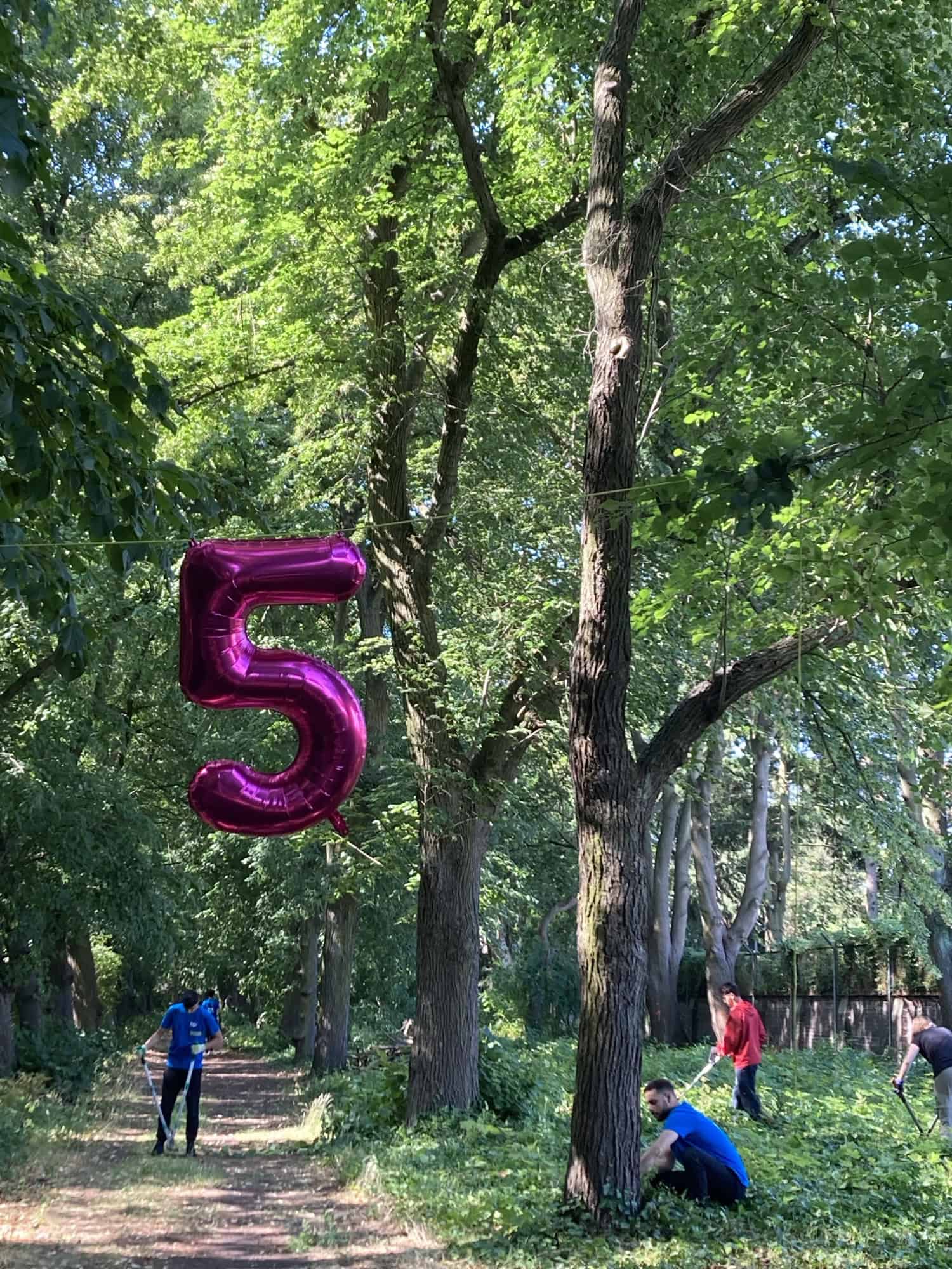 Pinkfarbener Luftballon in Form einer Fünf hängt zwischen Bäumen, im Hintergrund arbeiten Jugendliche