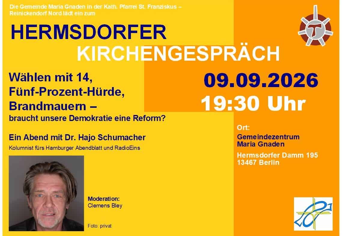 Gelb-oranges Veranstaltungsplakat mit dem Titel Hermsdorfer Kirchengespräch, Termin, Ort und einem Porträtfoto von Hajo Schumacher.