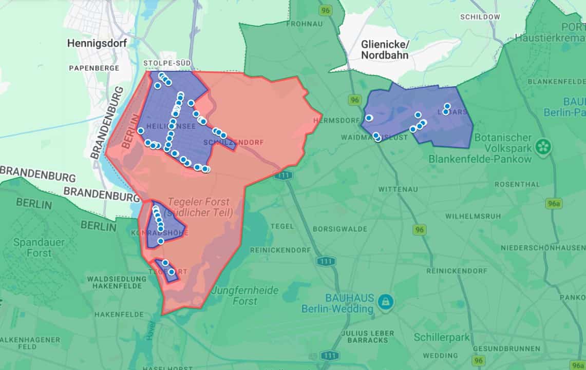 Detailkarte mit dem neuen Operationsgebiet von Lime und den virtuellen Abstellflächen in Heiligensee, Konradshöhe, Tegelort und Lübars