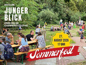 Grafik mit dem Schriftzug „Junger Blick“ über einem Foto von Menschen an Biertischgarnituren in einem grünen Park, dazu die Angabe 27. August 2026, 17 Uhr und der Schriftzug „Sommerfest“.