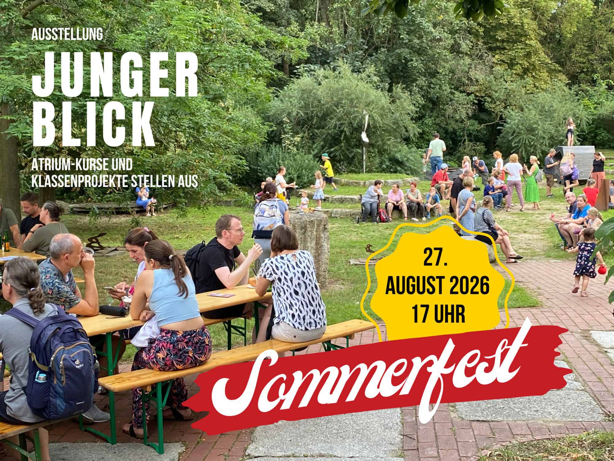 Grafik mit dem Schriftzug „Junger Blick“ über einem Foto von Menschen an Biertischgarnituren in einem grünen Park, dazu die Angabe 27. August 2026, 17 Uhr und der Schriftzug „Sommerfest“.