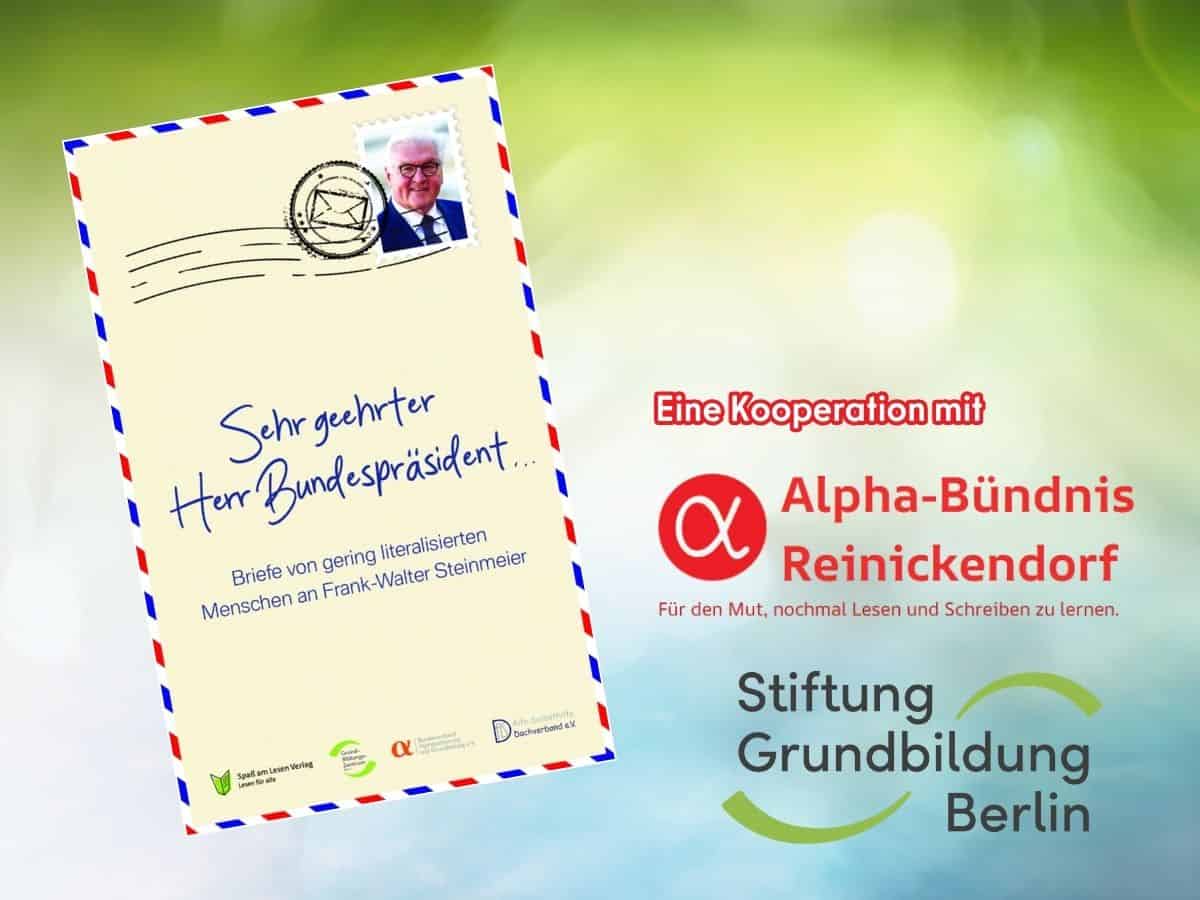 Ankündigungsgrafik mit einem Luftpostbrief, auf dem „Sehr geehrter Herr Bundespräsident …“ steht, daneben die Logos des Alpha-Bündnisses Reinickendorf und der Stiftung Grundbildung Berlin.