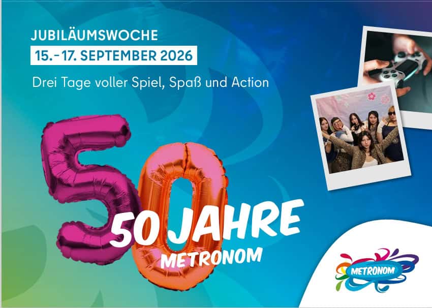 Flyer zur Jubiläumswoche 50 Jahre METRONOM mit Luftballon-Ziffern und Fotos