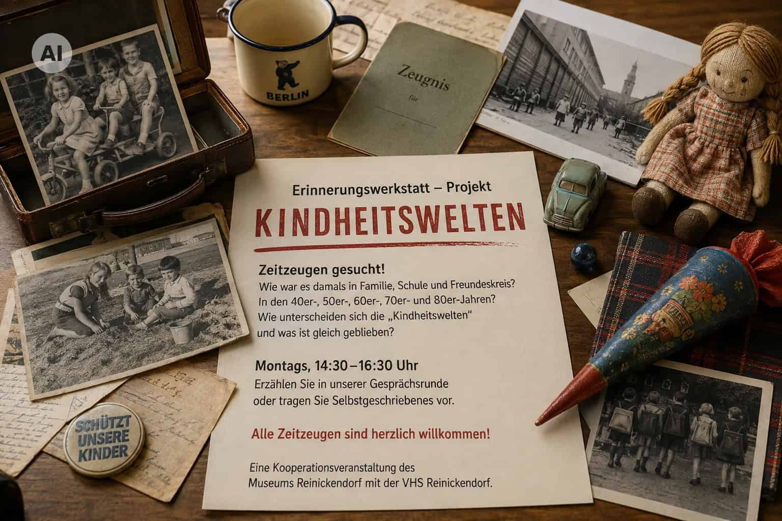 Alte Kinderfotos, ein Zeugnisheft, eine Stoffpuppe und eine Schultüte liegen auf einem Holztisch um einen Aufruf zur Erinnerungswerkstatt „Kindheitswelten“.