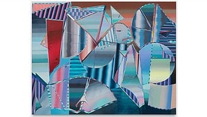 Großformatiges abstraktes Gemälde aus geschwungenen und kantigen Flächen in Blau, Türkis, Silber und Rot, die sich wie gestreifte Lichtreflexe überlagern.
