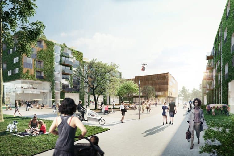 Visualisierung eines Quartiersplatzes mit begrünten Wohnhäusern, Spielwiese und Passanten