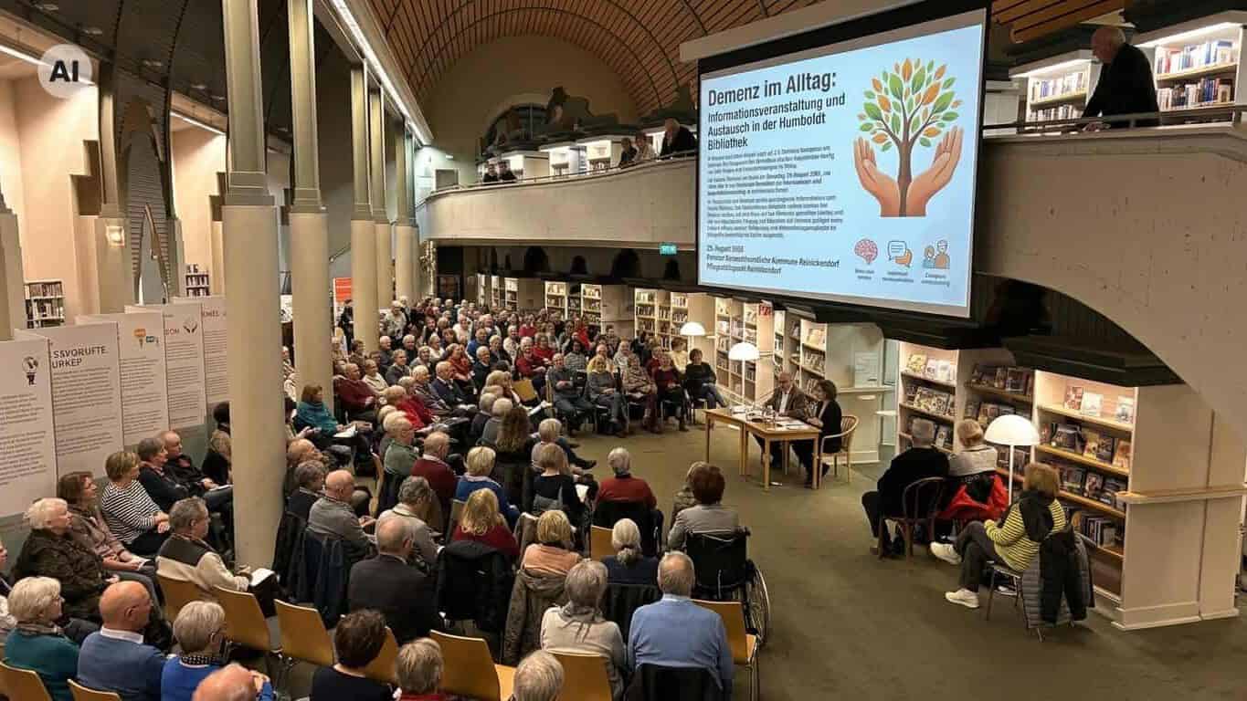 Zuhörerinnen und Zuhörer sitzen im Saal einer Bibliothek vor einer Leinwand mit dem Titel der Veranstaltung.