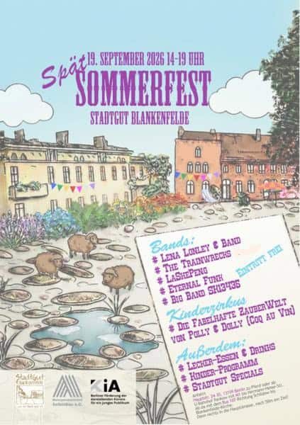 Illustrierter Flyer mit einer Zeichnung des Stadtguts Blankenfelde, Tieren an einem Teich und bunten Wimpelketten, dazu die Programmangaben zum Spätsommerfest.