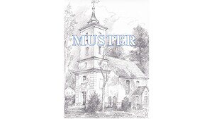 Bleistiftzeichnung der Dorfkirche Heiligensee mit dem markanten Turm, Wetterfahne, alten Bäumen und Grabsteinen auf dem Kirchhof. Über das Blatt läuft in blauen Großbuchstaben der Schriftzug MUSTER.