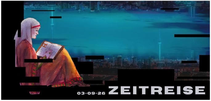 Grafik einer lesenden Figur vor der nächtlichen Berliner Skyline mit dem Schriftzug ZEITREISE