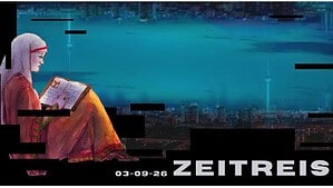 Grafik einer lesenden Figur vor der nächtlichen Berliner Skyline mit dem Schriftzug ZEITREISE