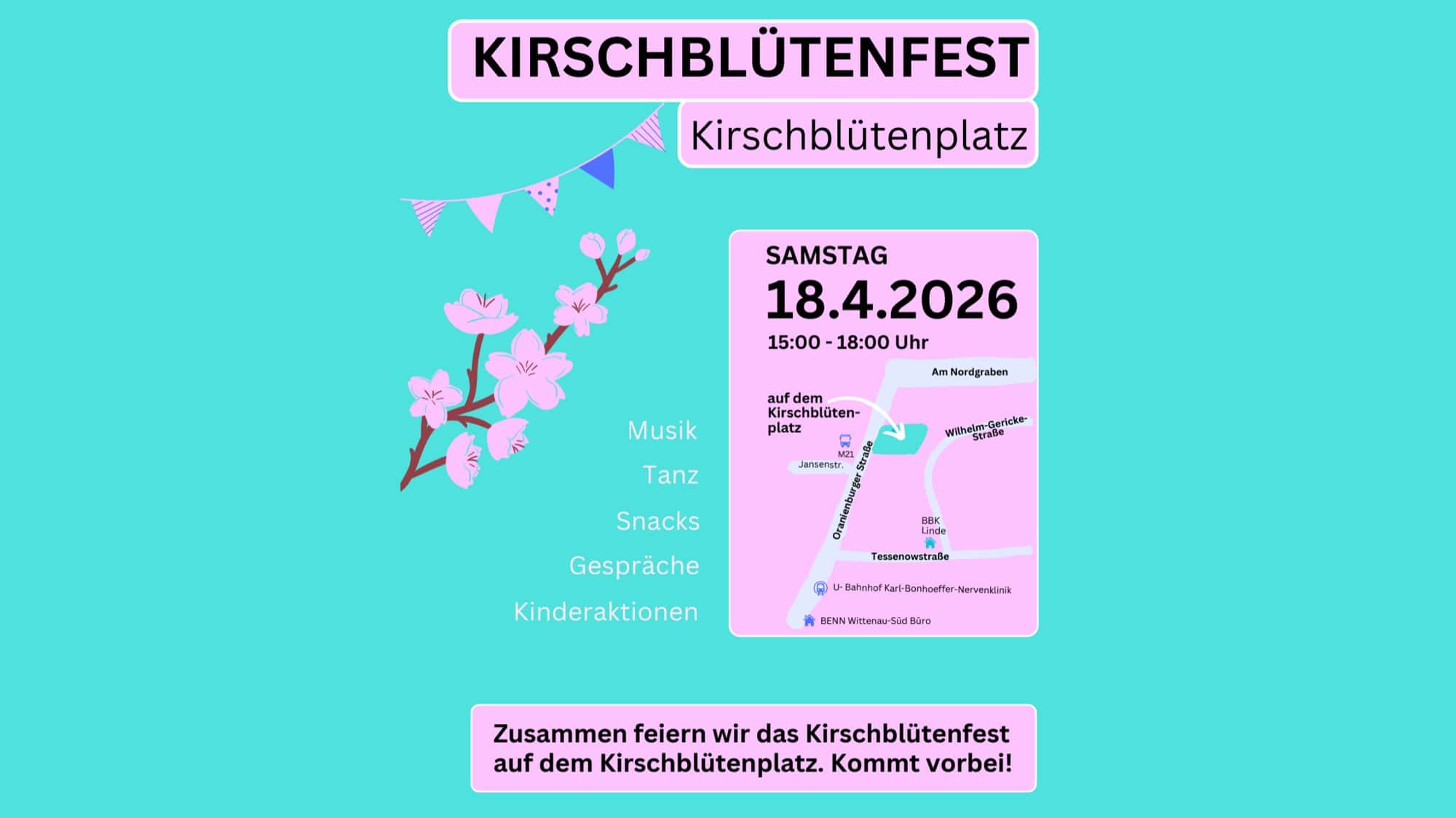Plakat des Kirschblütenfests mit Kirschblütenzweig, Wimpelkette und einer Lageskizze des Kirschblütenplatzes, dazu die Angaben Samstag, 18.4.2026, 15:00 bis 18:00 Uhr.