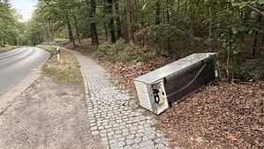 Ein umgekippter Kühlschrank liegt neben einem Gehweg am Waldrand einer Landstraße.