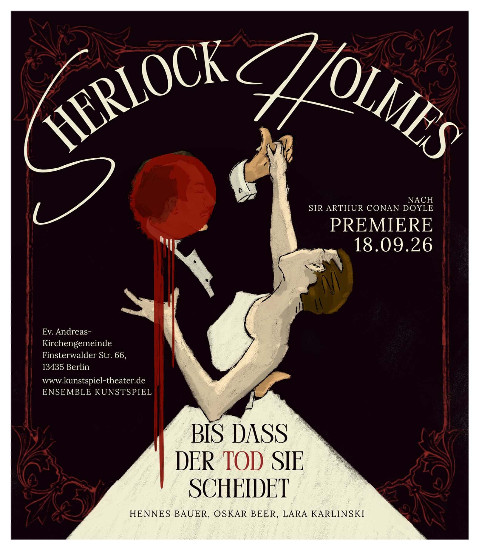Illustriertes Plakat mit einem Paar in Hochzeitskleidung und roten Blutspuren, dazu der Schriftzug Sherlock Holmes, Bis dass der Tod sie scheidet