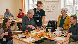 Symbolbild einer Kochrunde: Mehrere Menschen stehen und sitzen um eine Kücheninsel mit geschnittenem Gemüse, Heißluftfritteuse, Küchenwaage und Tablet, zwei von ihnen nutzen einen Rollstuhl. Im Hintergrund steht ein Flipchart mit der Aufschrift Austauschrunde.