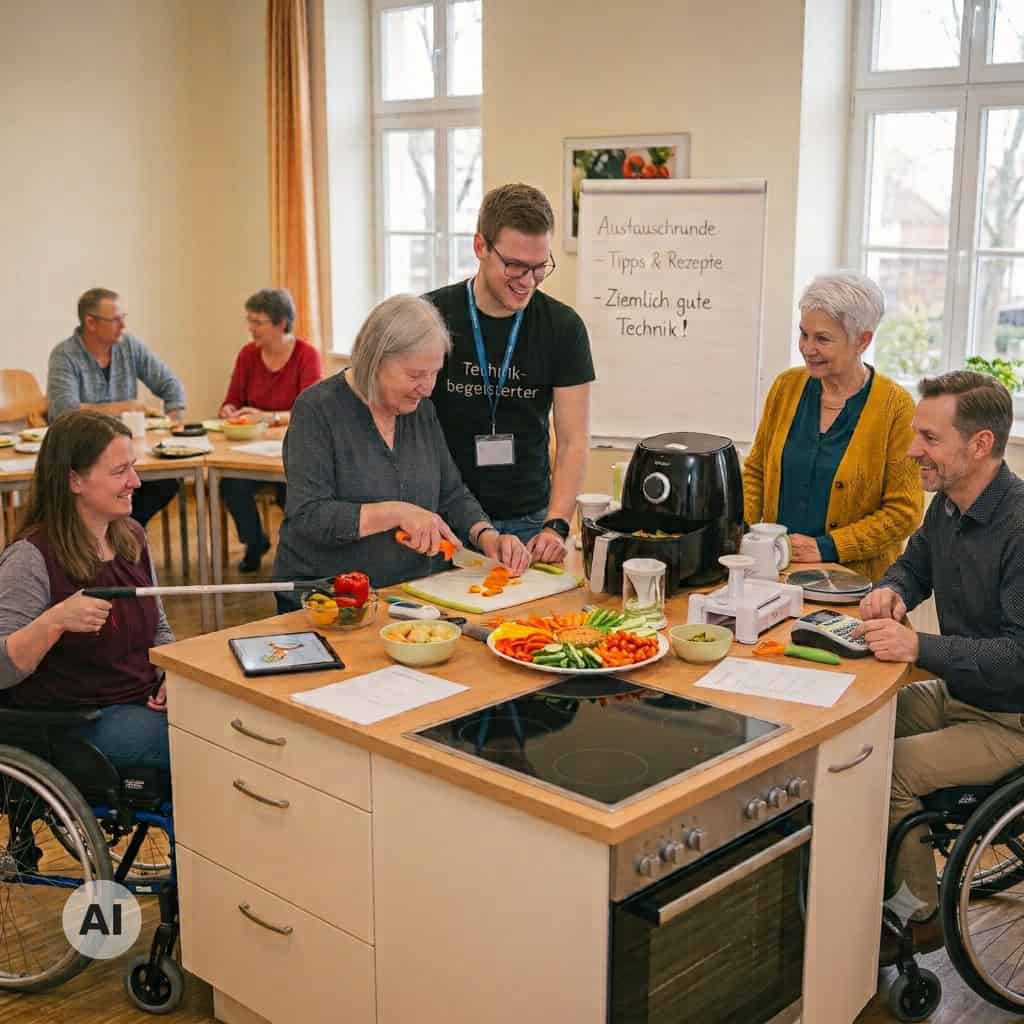 Symbolbild einer Kochrunde: Mehrere Menschen stehen und sitzen um eine Kücheninsel mit geschnittenem Gemüse, Heißluftfritteuse, Küchenwaage und Tablet, zwei von ihnen nutzen einen Rollstuhl. Im Hintergrund steht ein Flipchart mit der Aufschrift Austauschrunde.
