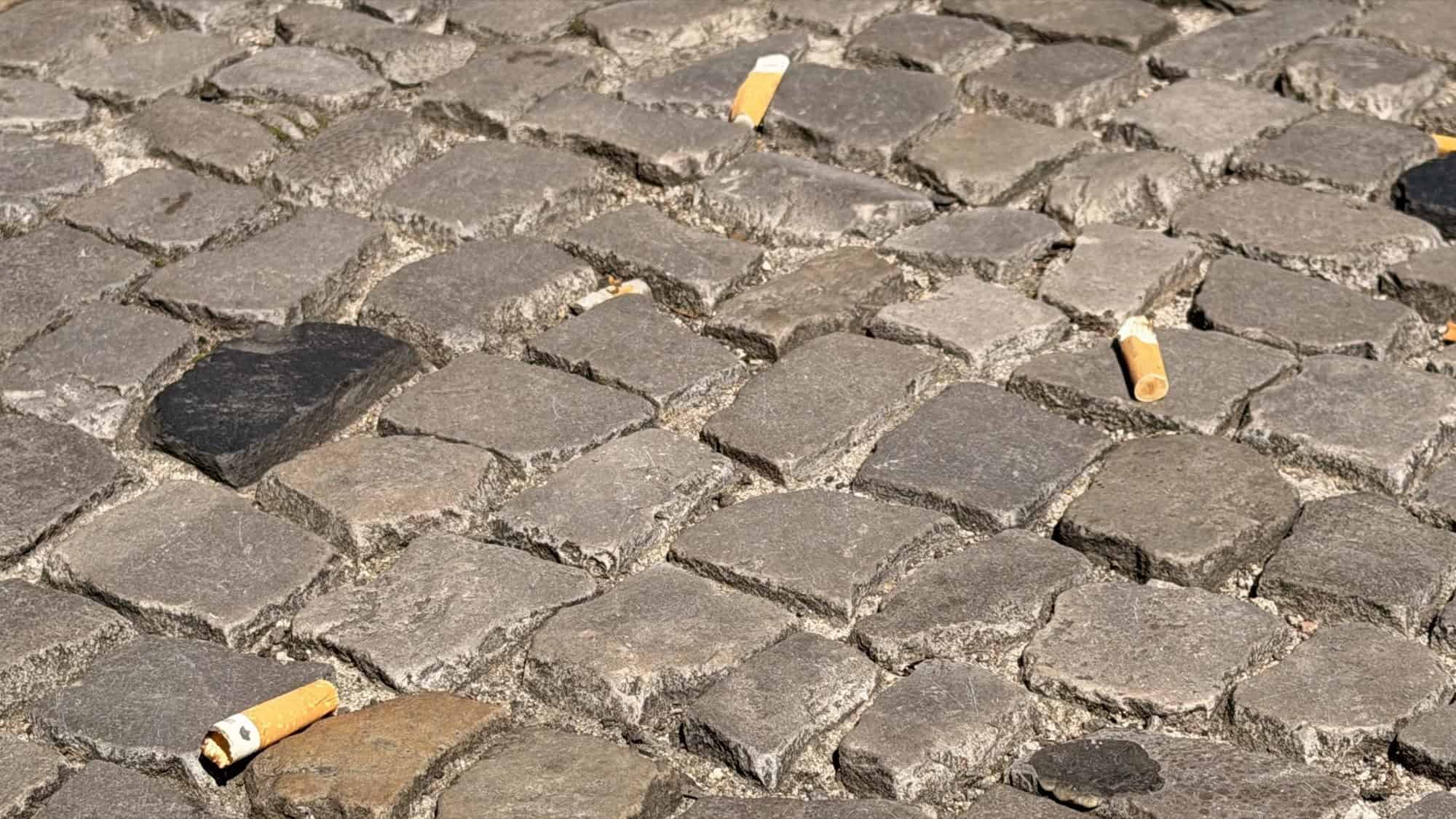 Mehrere Zigarettenkippen liegen auf einem Gehweg aus Kopfsteinpflaster.
