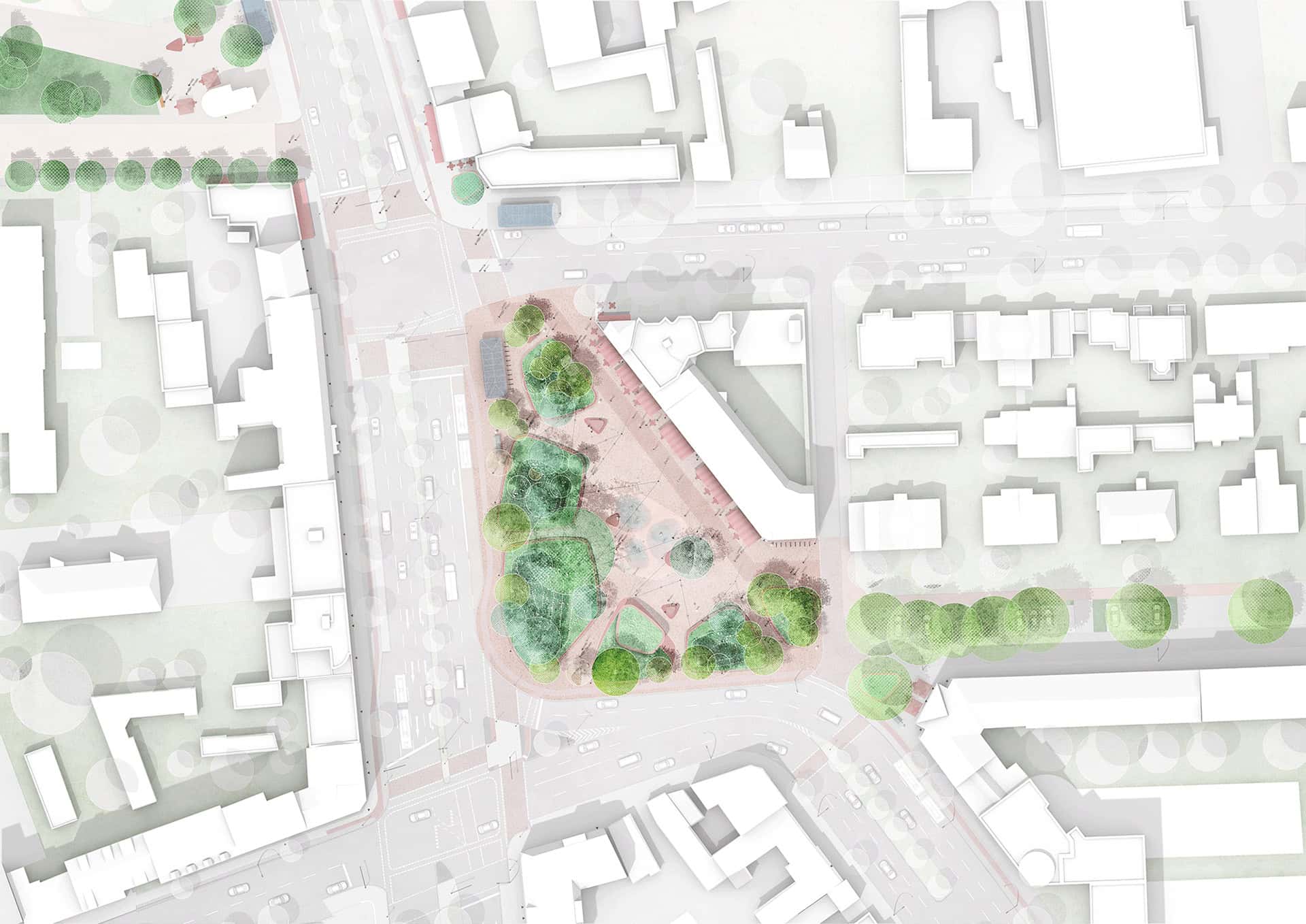 Lageplan aus der Vogelperspektive mit dem Platz in Rosa und Grün zwischen den umliegenden Straßen und Häuserblöcken.