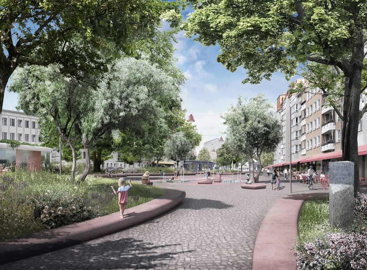 Visualisierung eines begrünten Stadtplatzes mit Pflasterweg, Staudenbeeten, Bäumen und Wasserspiel.