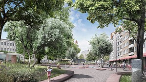 Visualisierung eines begrünten Stadtplatzes mit Pflasterweg, Staudenbeeten, Bäumen und Wasserspiel.