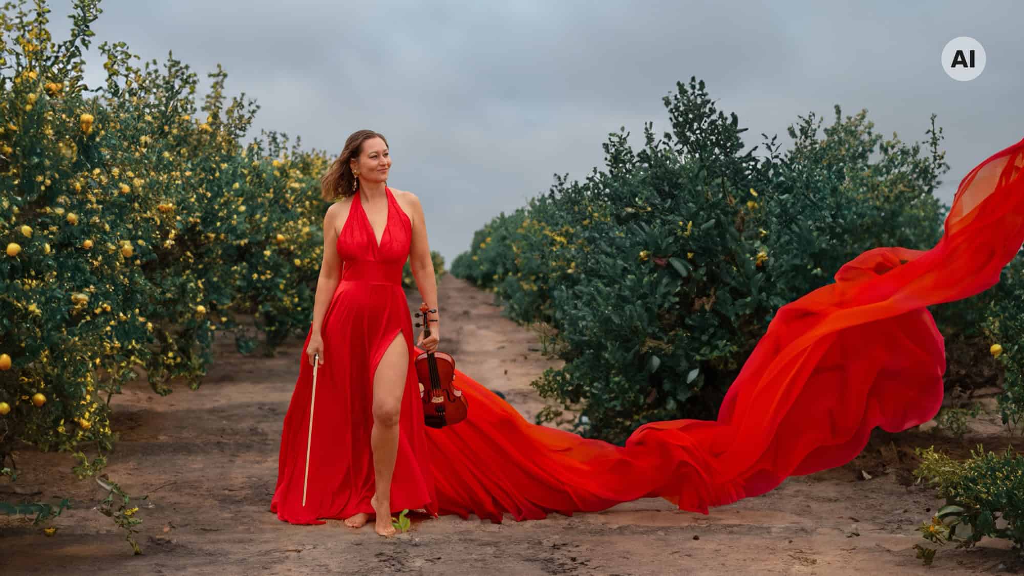 Eine Geigerin in einem langen roten Kleid geht mit Violine und Bogen durch eine Zitrusplantage, im Hintergrund steht der Mond am bewölkten Himmel.