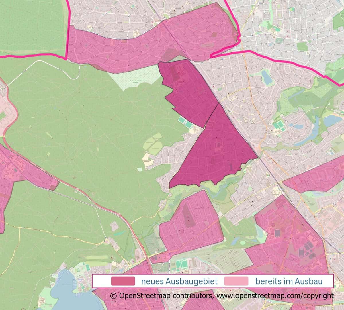 Karte von Hermsdorf und Umgebung, auf der das neue Glasfaser-Ausbaugebiet dunkelpink und bereits laufende Ausbaugebiete hellpink markiert sind.