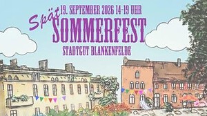 Illustrierter Flyer mit einer Zeichnung des Stadtguts Blankenfelde, Tieren an einem Teich und bunten Wimpelketten, dazu die Programmangaben zum Spätsommerfest.