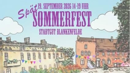 Illustrierter Flyer mit einer Zeichnung des Stadtguts Blankenfelde, Tieren an einem Teich und bunten Wimpelketten, dazu die Programmangaben zum Spätsommerfest.