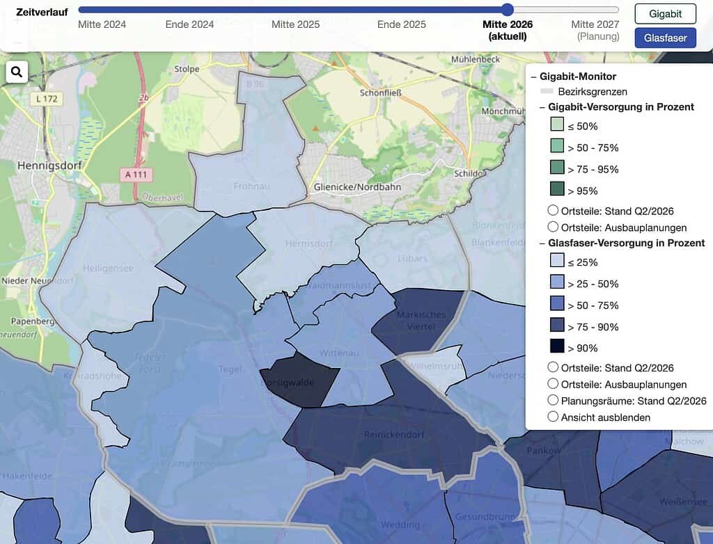 Karte: gigabit.berlin.de (Senatsverwaltung, Stand 9/2026) · Geodaten: Geoportal Berlin, ALKIS Berlin Gemeinde/Ortsteil (dl-de/by-2-0) · Amt für Statistik Berlin-Brandenburg (CC BY 3.0 DE) · © OpenStreetMap-Mitwirkende (ODbL)