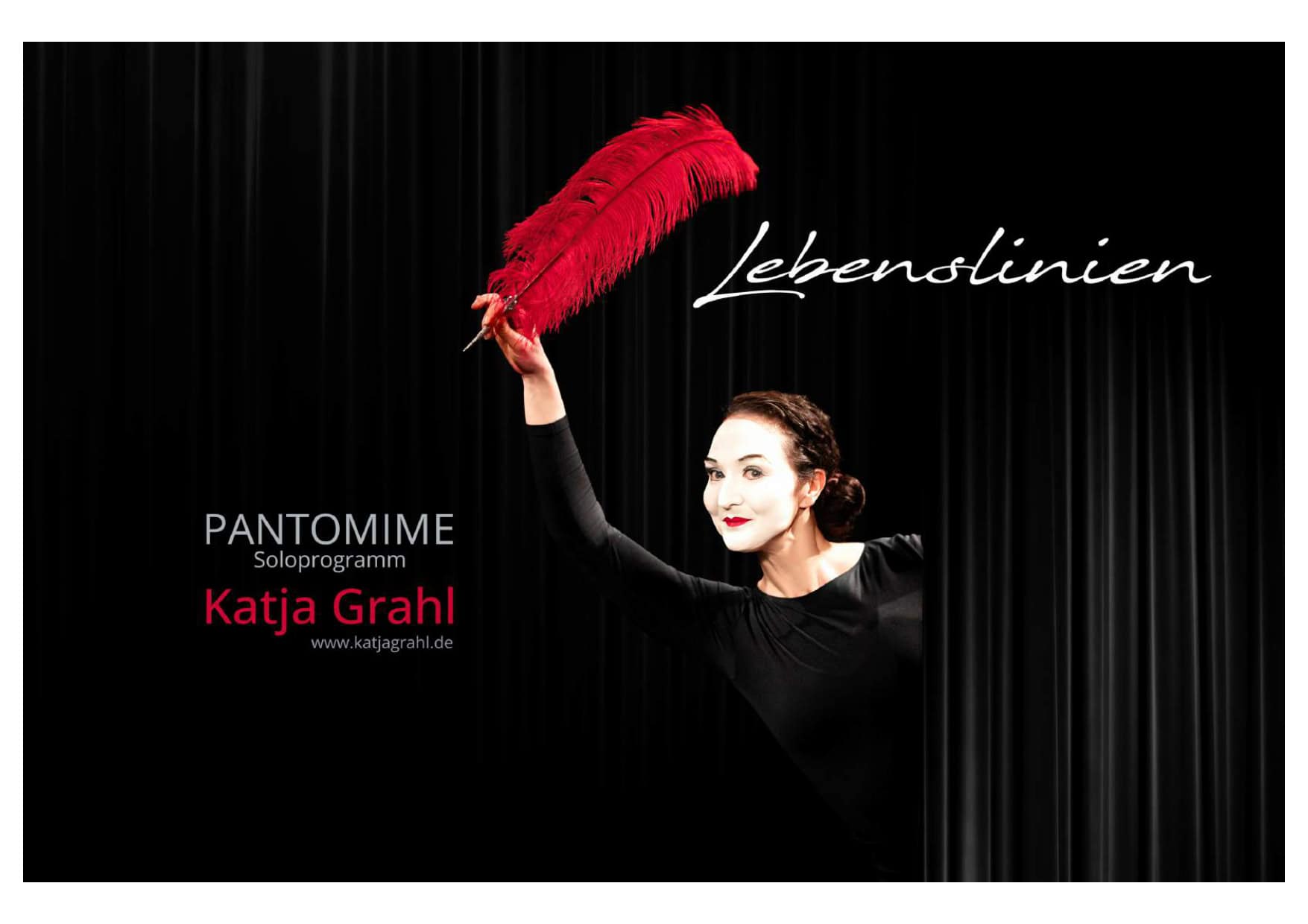 Plakat zum Pantomime-Solo „Lebenslinien“ mit Katja Grahl und einer roten Feder
