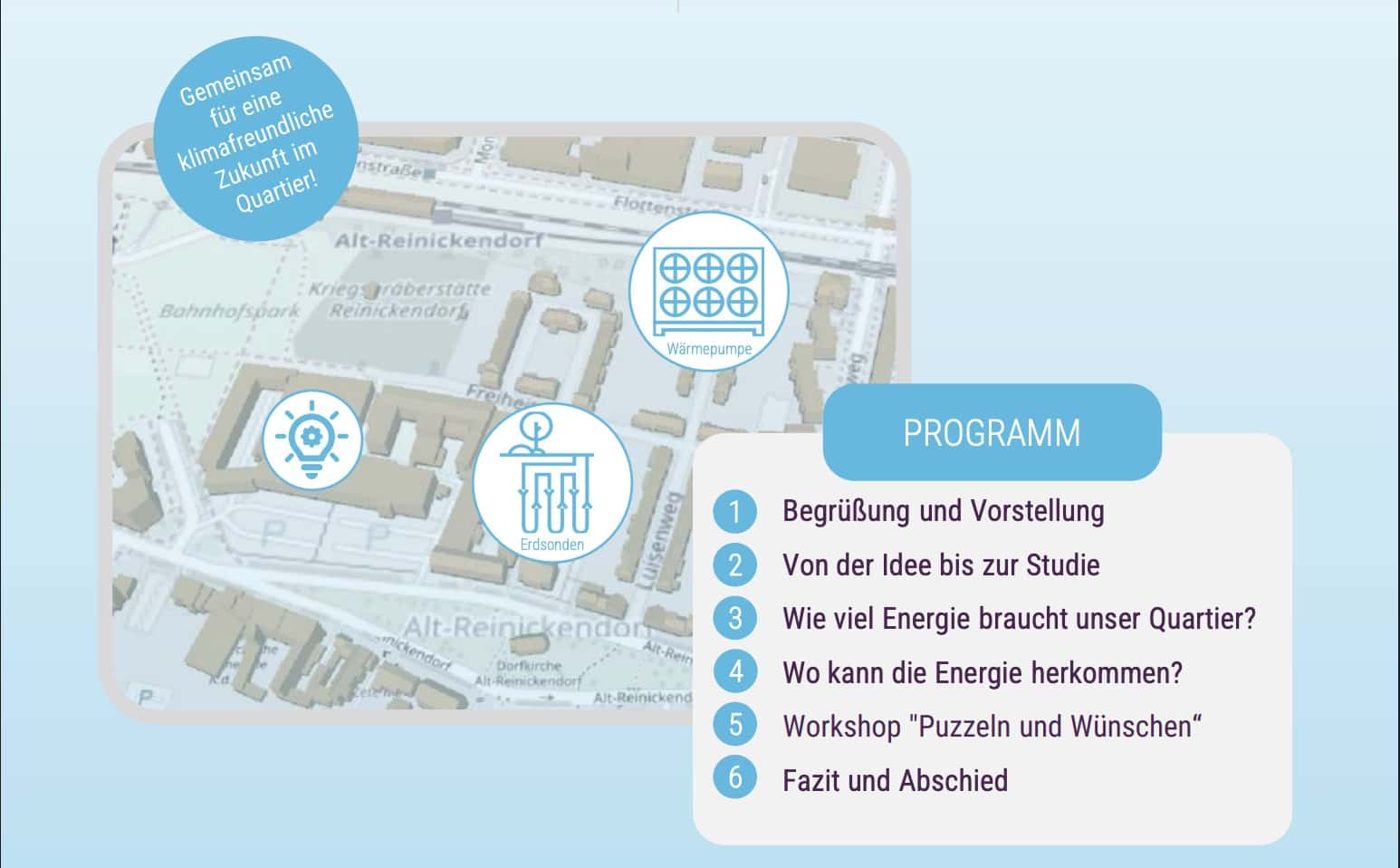 Grafik aus dem Einladungsflyer: Kartenausschnitt von Alt-Reinickendorf mit Symbolen für Wärmepumpe und Erdsonden, daneben das sechsteilige Programm der Beteiligungsveranstaltung.