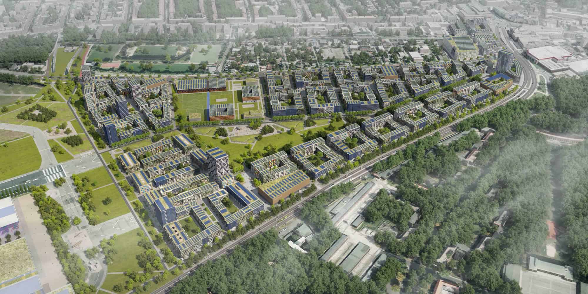 Visualisierung des künftigen Schumacher Quartiers aus der Vogelperspektive mit Wohnblöcken und Grünflächen.