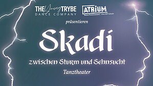 Ankündigungsmotiv zum Tanztheater „Skadi – Zwischen Sturm und Sehnsucht“ mit zwei Gesichtern im Profil und Blitzen vor dunklem Himmel