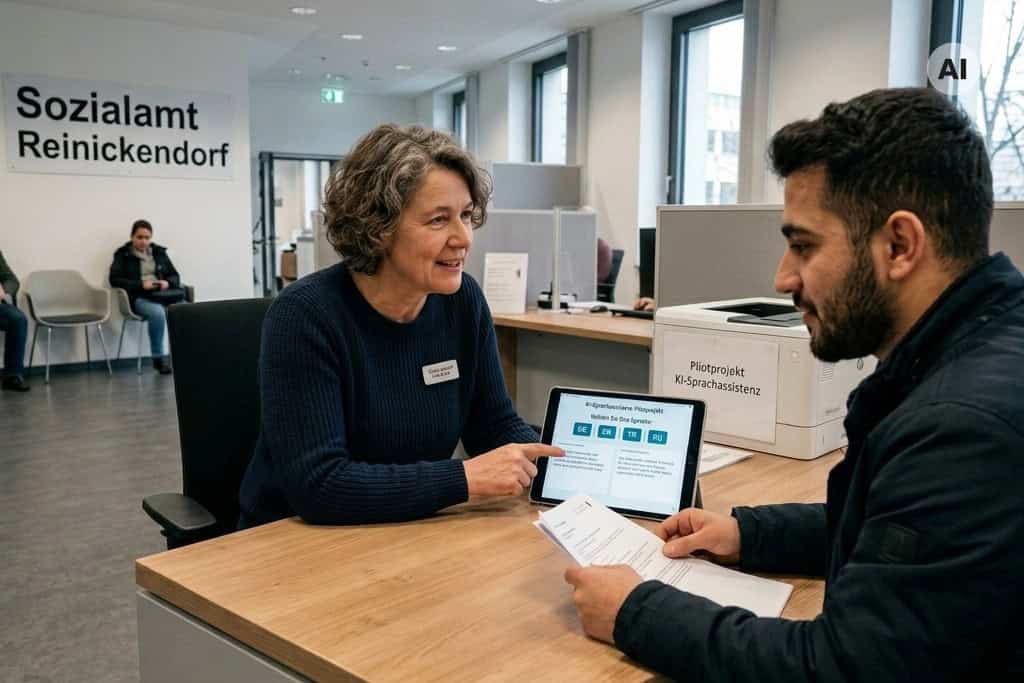Symbolbild: Eine Beraterin und ein Besucher sitzen sich an einem Schreibtisch gegenüber, zwischen ihnen steht ein Tablet mit Sprachauswahl.