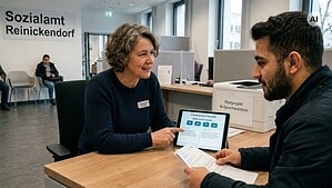 Symbolbild: Eine Beraterin und ein Besucher sitzen sich an einem Schreibtisch gegenüber, zwischen ihnen steht ein Tablet mit Sprachauswahl.