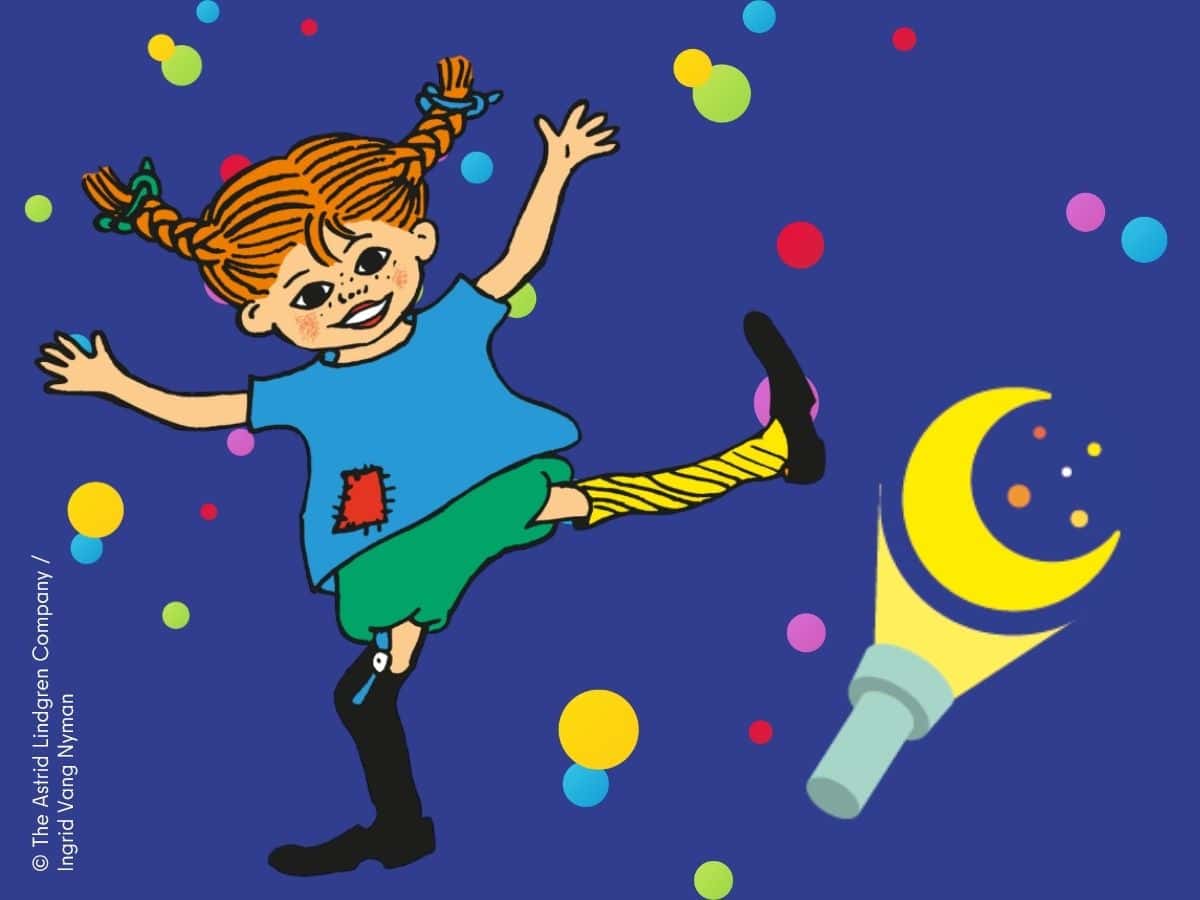 Zeichnung: Pippi Langstrumpf mit roten Zöpfen tanzt vor dunkelblauem Hintergrund mit bunten Punkten, daneben eine Taschenlampe mit Mondsichel.