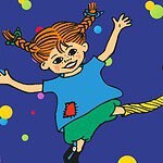 Zeichnung: Pippi Langstrumpf mit roten Zöpfen tanzt vor dunkelblauem Hintergrund mit bunten Punkten, daneben eine Taschenlampe mit Mondsichel.