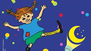 Zeichnung: Pippi Langstrumpf mit roten Zöpfen tanzt vor dunkelblauem Hintergrund mit bunten Punkten, daneben eine Taschenlampe mit Mondsichel.