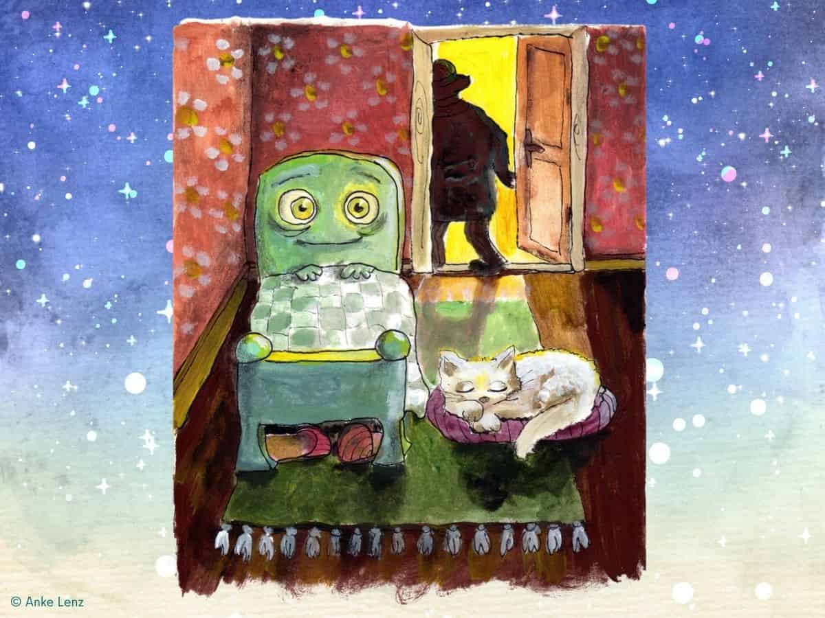 Gemalte Illustration: In einem Kinderzimmer mit geblümter Tapete steht ein grünes Bett mit großen Augen und Gesicht, daneben schläft eine weiße Katze auf einem Kissen, durch die offene Tür ist die Silhouette einer Gestalt mit Hut zu sehen.