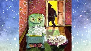 Gemalte Illustration: In einem Kinderzimmer mit geblümter Tapete steht ein grünes Bett mit großen Augen und Gesicht, daneben schläft eine weiße Katze auf einem Kissen, durch die offene Tür ist die Silhouette einer Gestalt mit Hut zu sehen.