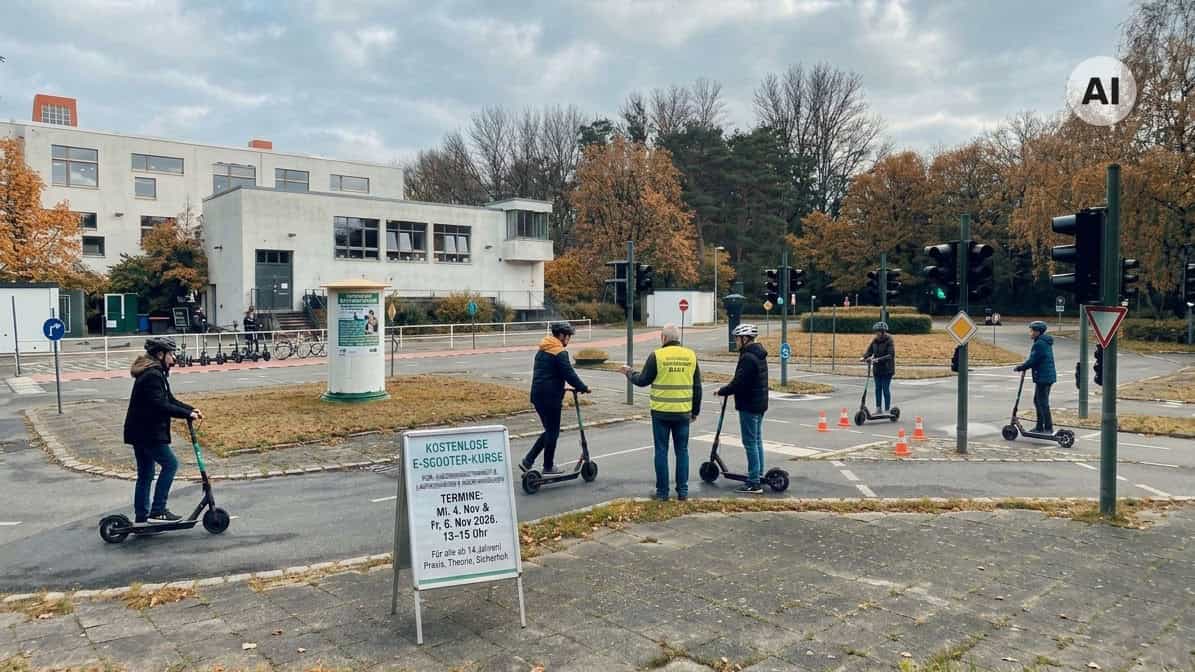 Übungsgelände einer Jugendverkehrsschule mit Ampeln, Verkehrsschildern und Pylonen, mehrere Personen mit Helm auf E-Scootern, ein Betreuer in gelber Warnweste, im Vordergrund ein Aufsteller mit der Aufschrift Kostenlose E-Scooter-Kurse und den Terminen 4. und 6. November 2026, 13 bis 15 Uhr