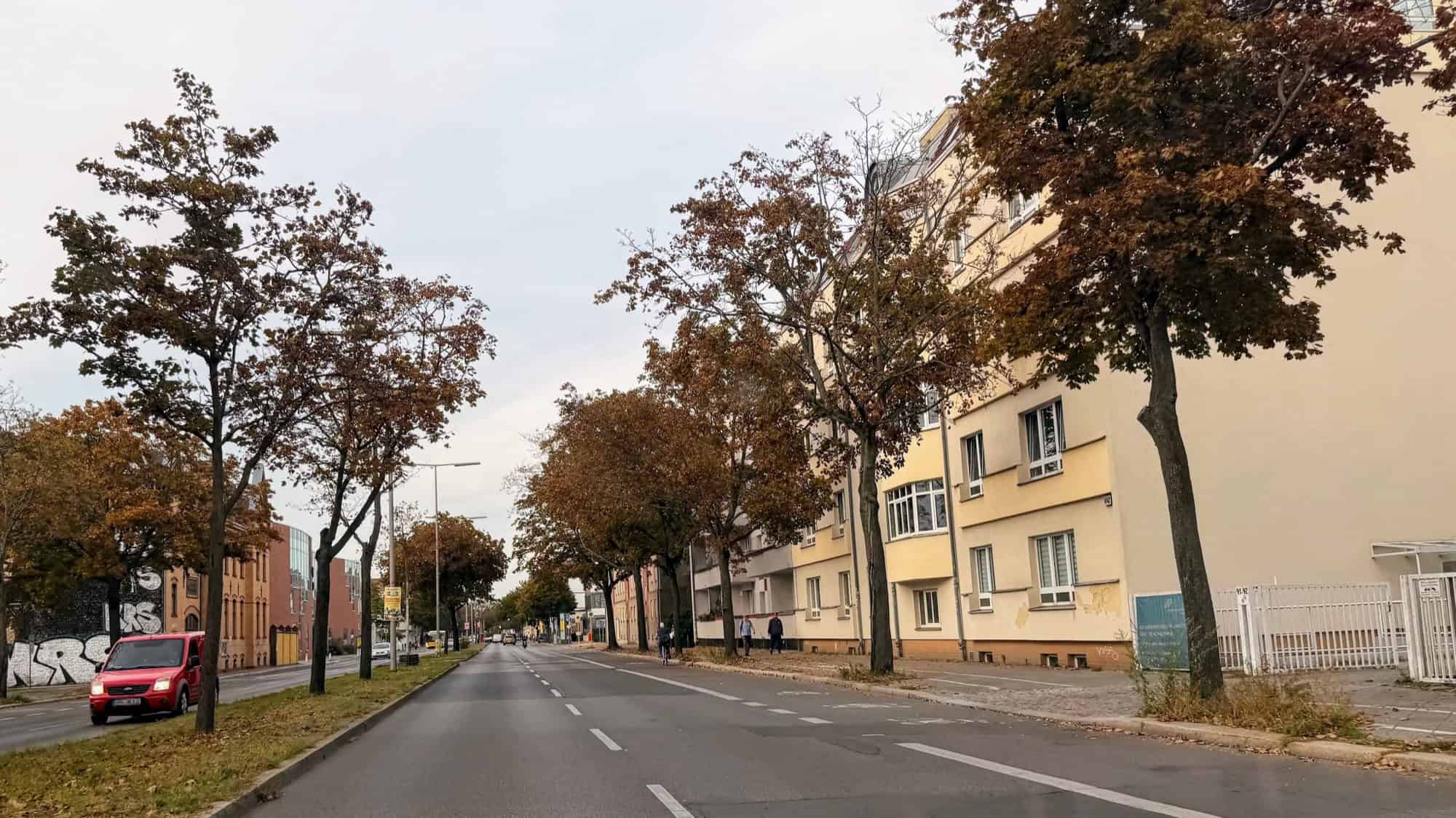 Mehrspurige Ollenhauerstraße mit Straßenbäumen im Herbstlaub, rechts ein heller Wohnblock.