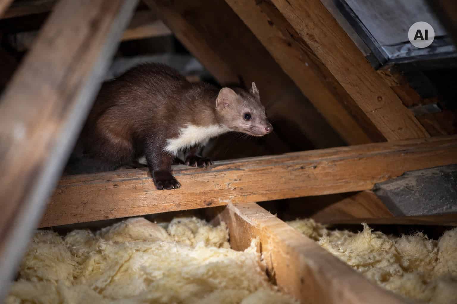 KI-generiertes Bild: ein Steinmarder mit weißem Kehlfleck auf einem Holzbalken im Dachstuhl, darunter gelbe Dämmwolle.