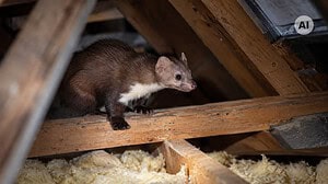 KI-generiertes Bild: ein Steinmarder mit weißem Kehlfleck auf einem Holzbalken im Dachstuhl, darunter gelbe Dämmwolle.