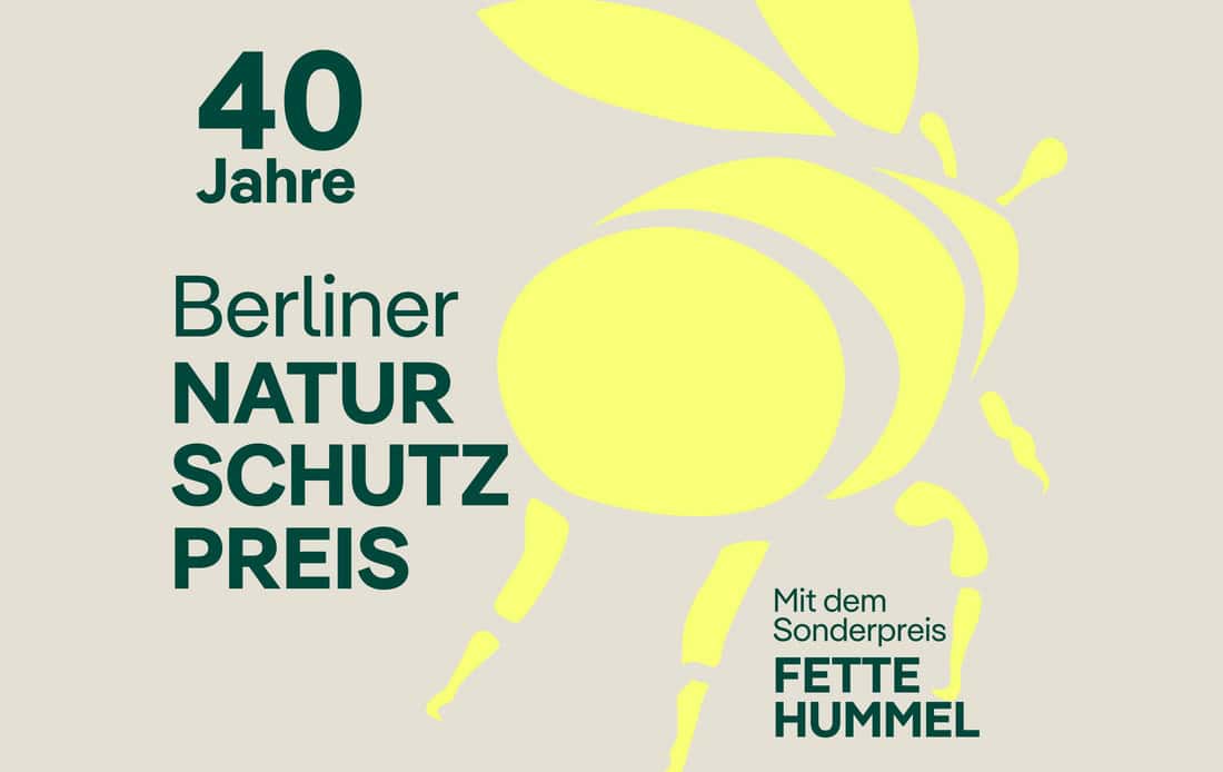 Grafik mit stilisierter gelber Hummel auf beigem Grund, daneben in Grün der Schriftzug „40 Jahre Berliner Naturschutzpreis“ und „Mit dem Sonderpreis Fette Hummel“